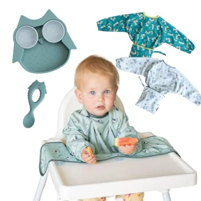 Image of Tidy Tot®™ Cover &amp; Catch™ Weaning Essentials Kit. 3 Coverall Baby Feeding Bibs with Sleeves. LFGB Silicone Suction Plate includes Pots Lids Spoon.