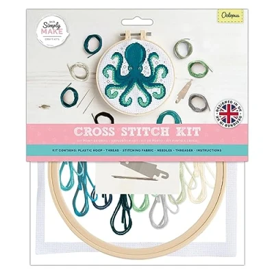 Image of Simply Make Cross Stitch Kit Octopus Design for Kids and Adults, Including Hoop, Embroidery Thread, Fabric Needle Perfect Adult Crafts Beginners Starter Craft