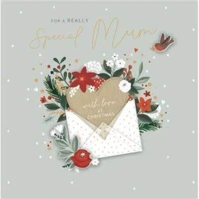 Image of UK Greetings Really Special Mum Christmas Card Love Heart Envelope with a Foil and Embellished Finish Eco Friendly By UKG, 210 x 210mm