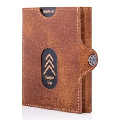 Image of TRUSADOR Valencia Slim Small Leather Front Pocket Wallet Card Holder With RFID Protection for Men and Women, Cognac, Coin