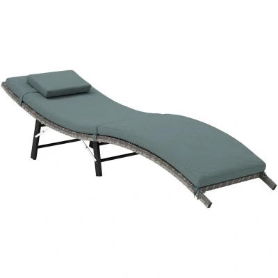 Image of Outsunny Folding Rattan Sun Lounger, Wicker Garden Lounger with Cushion and Pillow, Outdoor Sunbed Steel Frame for Patio, Beach, Terrace, Mixed Grey