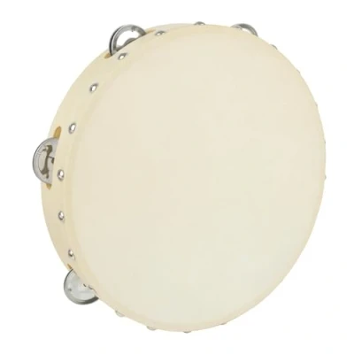 Image of A Star 10 Inch/25cm Handheld Headed Wooden Tambourine, Traditional Single Metal Jingle Bell Row Natural Head