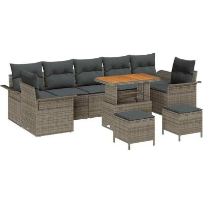Image of vidaXL 10 Piece Garden Sofa Set with Cushions Grey Poly Rattan Acacia