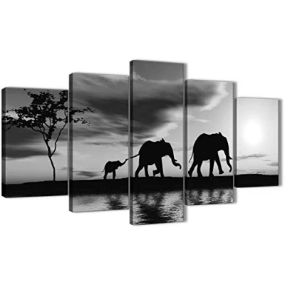 Image of Wallfillers Extra Large Black White African Sunset Elephants Canvas Wall Art Print Multi Set of 5 160cm Wide 5363