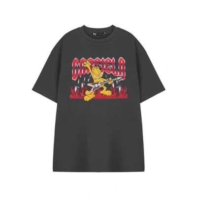 Image of Garfield Unisex Grey Short Sleeved Guitar Graphic Tee T Shirt Classic Cartoon Character Apparel Music Lover Top Retro Style Clothing for Men &amp; Women