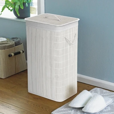 Image of Bamboo &amp; Rattan Laundry Basket Eco Friendly Hamper Rectangle 60cm White