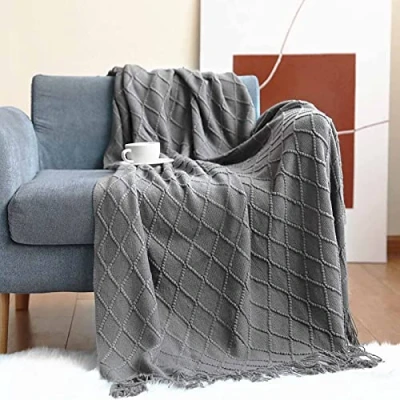Image of LumiSyne Knitted Throw Blanket With Tassel Solid Color Geometric Plaid Pattern Cozy Couch Cover Soft Bedspread Decorative For Sofa Bed Settee 170x130cm