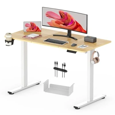 Image of SANODESK 120 * 60 Electric Standing Desk ONE PIECE Height Adjustable With Memory Smart Panel Sit Stand Table for Home Office (White Frame+ Maple Desktop)