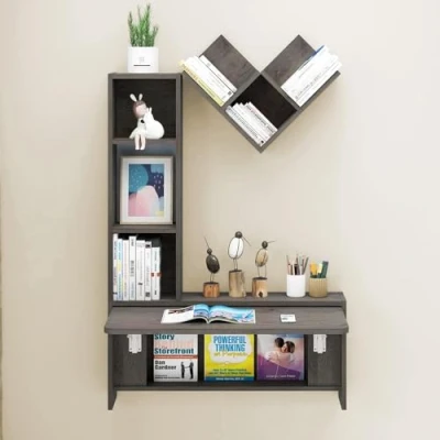 Image of Pmnianhua Folding Wall Mounted Drop Leaf Table, Foldable Desk with Moveable Cabinets, Floating Laptop Convertible Storage Shelves, Multifunctional Computer Workstation in Home for Space Saving