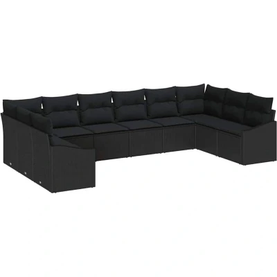 Image of vidaXL 10 Piece Garden Dining Set with Cushions Black Poly Rattan
