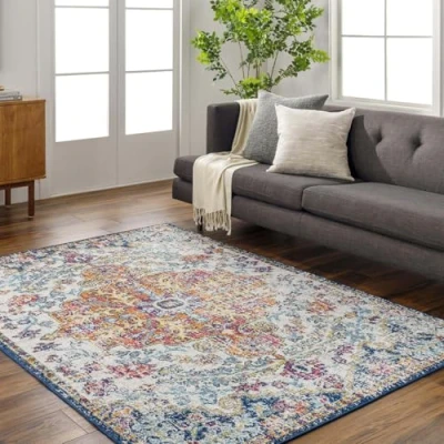 Image of Livabliss Asmara Vintage Rug Area Rugs Living Room 200x274 cm, Dining Floor, Kitchen, Traditional Multicoloured Boho Rug, Easy Care Pile, Bohemian Large Beige, Mustard, Blue