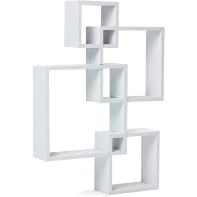 Image of KF Premium White Interlocking Cube Floating Shelves Modern Wood Wall Shelf Display Bookshelves Hanging Storage for Living Room, Bedroom, Office