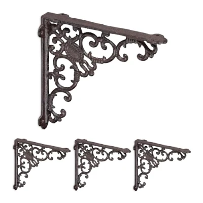 Image of Relaxdays Shelf Brackets, Set of 4, Cast Iron, Antique Style Supports, for Wall Mounted Shelves, 21.5x4x21.5 cm, Brown