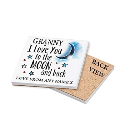 Image of Personalised Mothers Day Granny I Love You to The Moon and Back Coaster, Tableware, Drinks Office Desk Coffee Tea Coaster Birthday Present. (Ceramic Coaster)