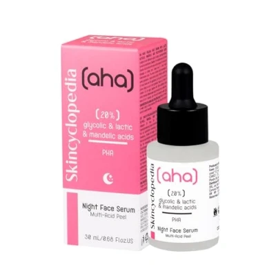 Image of Skincyclopedia AHA Exfoliating Night Serum with 20% Lactic, Glycolic and Mandelic Acid PHA Chemical Peel Solution for Spots, Hyperpigmentation, Acne Scars Pores Men Women, 30ml