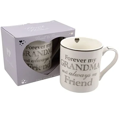Image of White Fine China Mug Cup with Silver Wording Gift Boxed Forever My Grandma