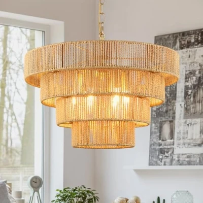 Image of Schindora 50CM Boho Pendant Light,Hand Woven Rattan Lampshade 6 Lights Light Shade 4 Round Transitional Rustic Large Lamp Shades Ceiling for Kitchen Island Bedroom Dining Room Living Room,Brass
