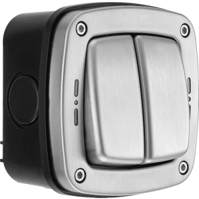 Image of BG Electrical Outdoor Double Wall Switch with LED Indicator, Decorative Weatherproof, Stainless Steel, 2 Way, 20A, IP66 Rated, WPL42