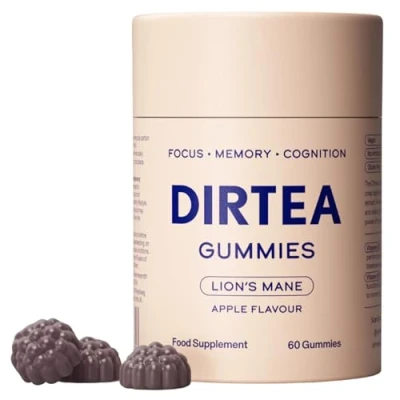 Image of DIRTEA 60 Lion&#039;s Mane Mushroom Gummies 2,400mg / Serving Vegan, Natural &amp; Sugar Free with Vitamin B12 B5 Focus Memory Supplement (30 Servings) Apple Flavour