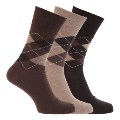 Image of Mens Honeycomb Top Gentle Grip Argyle Socks (Pack Of 3), Brown With Argyle, UK 6 11 EURO 39 45