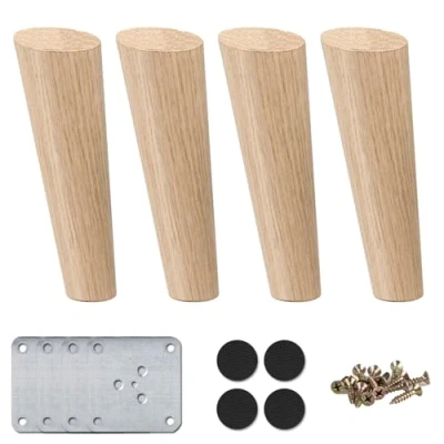Image of 8 inch / 20cm Wooden Furniture Legs, La Vane Set of 4 Solid Wood Oblique Tapered Replacement Feet with Mounting Plate &amp; Screws for Sofa TV Cabinet Bed Dining Table