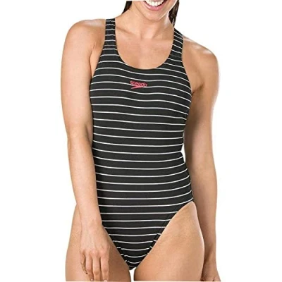 Image of Speedo Women&#039;s Essential Endurance+ Medalist One Piece Swimsuit New Season, Stripe Black/White, 28 (UK 6)