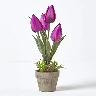 Image of HOMESCAPES Dark Purple Artificial Tulips Plant In Rustic Grey Stone Pot 27cm Tall Faux Decorative Potted With Lifelike Leaves For Indoor Decoration