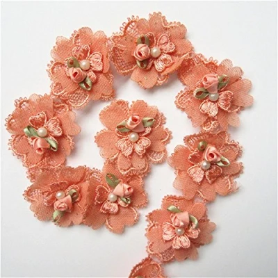 Image of 2 Yard Flower Pearl Lace Edge Trim Ribbon 4.5 cm Width Vintage Style Orange Edging Trimmings Fabric Embroidered Applique Sewing Craft Wedding Bridal Dress Embellishment Decoration Clothes Embroidery