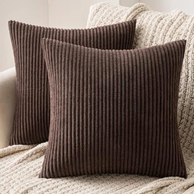 Image of MIULEE Set of 2 Striped Corduroy Square Throw Pillow Case Soft Cushion Covers Sham Home for Sofa Couch/Bedroom Decorative Fluffy Large Pillowcases 16x16 Inch 40x40cm Chocolate