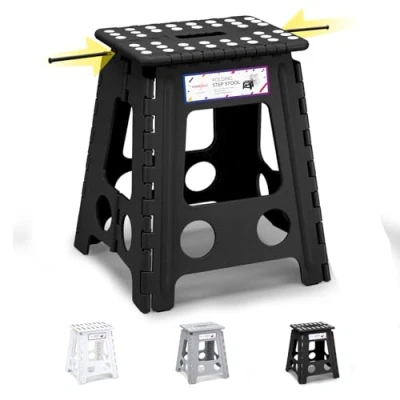 Image of HOUSE DAY 16 inch(40cm) Folding Step Stool Large Size Kitchen for Adults Space Saving Children &amp; Adult Durable Plastic Heavy Duty Foldable Black