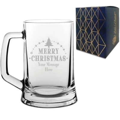 Image of Personalised Engraved Novelty Christmas Beer Mug Tankard Stein with Merry Tree Design, Customise Any Name or Message, Gift Box Included, Laser