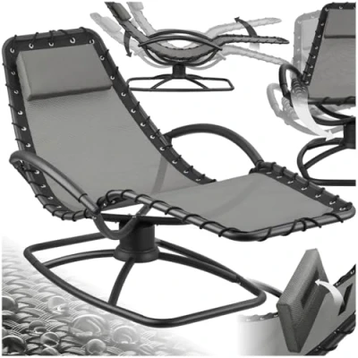 Image of TecTake® Sun Lounger with Rocking Function, Ergonomic Garden Chair Breathable Fabric, Thick Head Cushion, Curved Armrests &amp; Sturdy Steel Frame, Outdoor for Garden, Patio, Balcony Grey