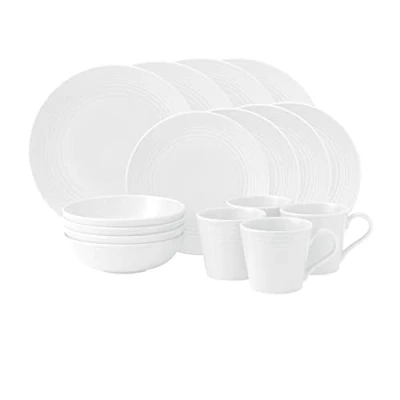 Image of Royal Doulton Gordon Ramsay Maze White Collection Stoneware Set of 16 Dinner Plates, Side Cereal Bowls &amp; Mugs Ideal for Breakfast, Lunch and