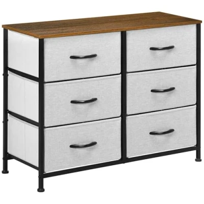 Image of HOMCOM Fabric Chest of Drawers, Storage Industrial Bedroom Dresser with 6 Steel Frame and Wooden Top for Nursery, Living Room, Hallway, Grey