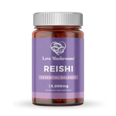 Image of Love Mushrooms Reishi Capsules, 15,000mg, 30 Mushroom Supplement to Support Restfullness &amp; Essential Balance, Vegan, Made in The UK
