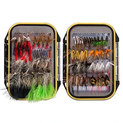 Image of Bassdash Fly Fishing Assorted Flies Kit, Pack of 72 pcs Lure Including Dry Flies, Wet Nymphs, Terrestrials, Midges, Streamers and More, with Double Side Waterproof Box
