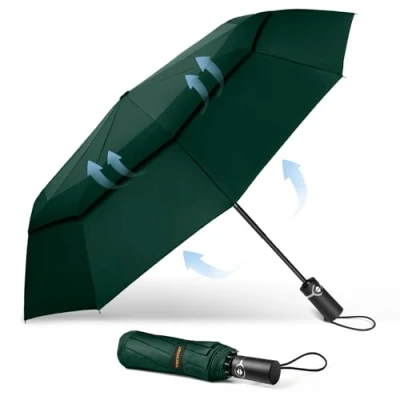 Image of TECKNET Windproof Umbrella, Strong Compact Travel Automatic Umbrellas, Large Wind Resistant Umbrella with 10 Ribs, Folding Lightweight Golf for Rain, Green