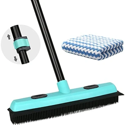Image of Rubber Floor Brushes Pet Hair Broom with Squeegee150 CM Adjustable Handle, for Carpet, Hardwood Floor, Tile Artificial Grass Cleaner Brush Includes One Microfiber Cloth Dusting