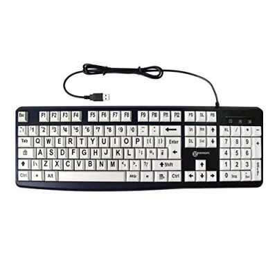 Image of Geemarc Wired Alphanumeric Keyboard with Large Black Lettering and White Keys High Colour Contrast for People Low Vision Compatible Windows XP, Vista, 7, 8, 10 UK Version