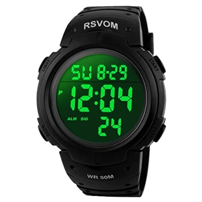 Image of RSVOM Mens Digital Watches, 5 ATM Waterproof Sport Watch with Alarm/Stopwatch Black Big Face Running Military Wrist LED Backlight for Men