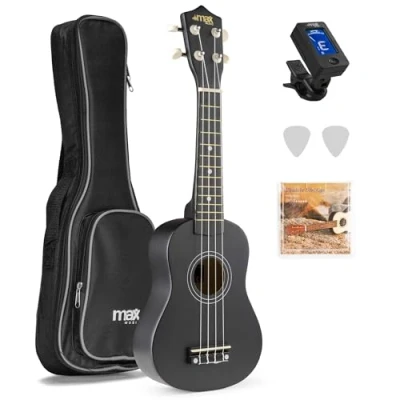 Image of MAX Soprano Ukulele Beginners Set with Bag, Digital Tuner, Extra Strings and Plectrums, 21 Inch Ukey Black Finish