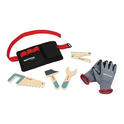 Image of Janod DIY Belt with Wooden Tools and Gloves Imitation Toy Teaches Fine Motor Skills Imagination FSC Certified Ages 3 up J06475