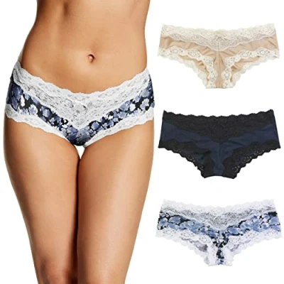 Image of Maidenform Women&#039;s Cheeky, Lace Hipster Panties, Sexy Underwear, 3 Pack, Latte Lift/Navy Black/Denim Print, S (Pack of 3)
