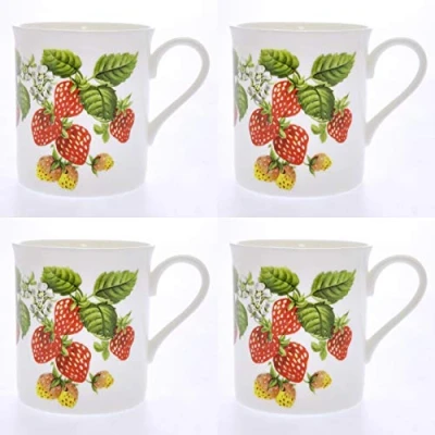 Image of Set 4 Fine Bone China Mugs Wild Strawberries Design