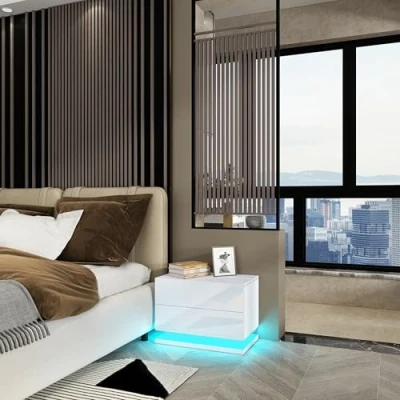 Image of LED Bedside Table, Cabinet with 2 Drawers Modern White Gloss Nightstand Lights for Bedroom Living Room Furniture