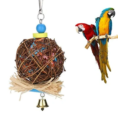 Image of Bird Parrot Toy,Bird Chew Toy Woven Bamboo Shredders,Natural Rattan Ball Come with Paper Strips and Metal Bell,Bird Toys Swing for Birds,Parakeets,Parrot Perched