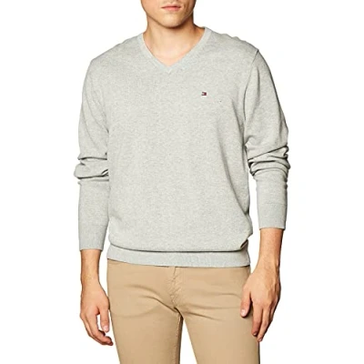Image of Tommy Hilfiger Men’s V Neck Essential Cotton Jumper, Grey (Medium Heather), S