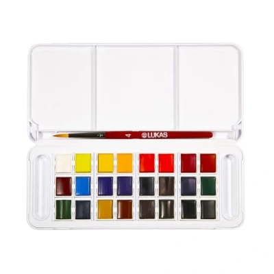 Image of LUKAS Aquarell Studio Watercolour Paint Travel Set, 24 x Half Pans in Assorted Colours, Ideal for Entry Level Professional and Student Artists