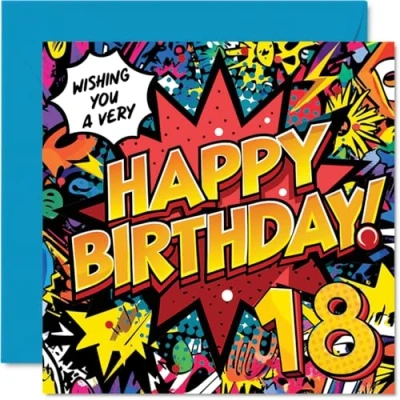 Image of 18th Birthday Cards for Women Men Comic Book Pow! Happy Card 18 Year Old Woman Man Brother Grandson Granddaughter Niece, 145mm Bday Greeting