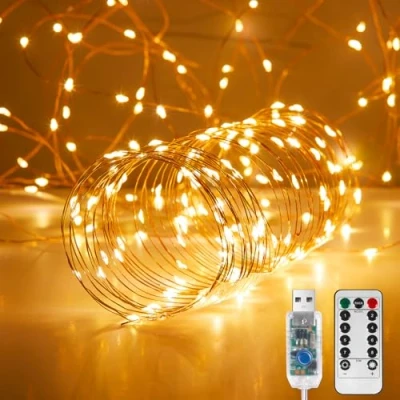 Image of Ariceleo Fairy Lights 10M. 100 LED USB Twinkle String Copper Wire, Remote &amp; Timer, 8 Modes, Waterproof, Warm White Starry for Party, Wedding, Christmas (1 Pack)